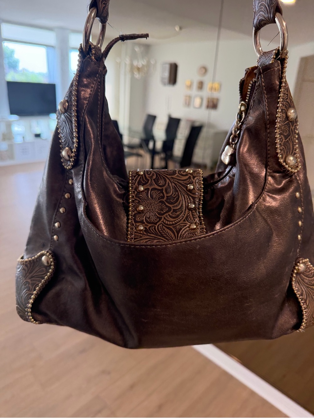Women's Embossed Brown Shoulder Bag with Crystal Buckle - Picture 2 of 6